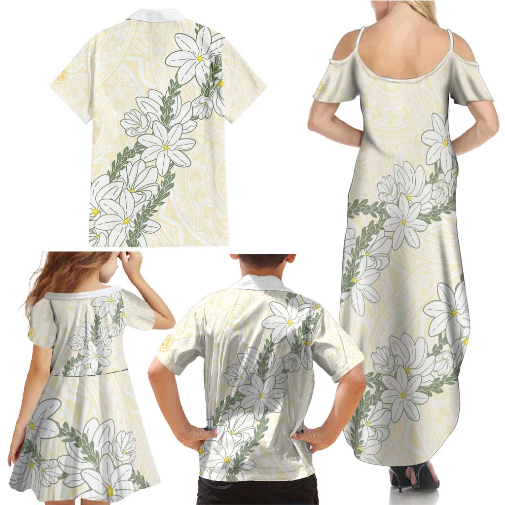 Ia Orana Tahiti Tiare Family Matching Summer Maxi Dress and Hawaiian Shirt Lemon Yellow Lei - Polynesian Pride