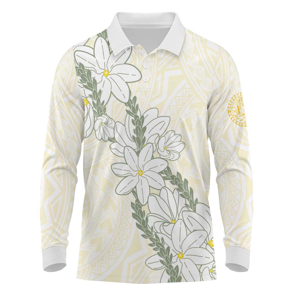 Ia Orana Tahiti Tiare Long Sleeve Polo Shirt Lemon Yellow Lei - Polynesian Pride