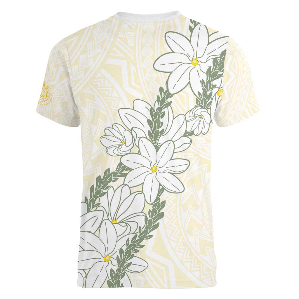 Ia Orana Tahiti Tiare Women V-Neck T-Shirt Lemon Yellow Lei - Polynesian Pride