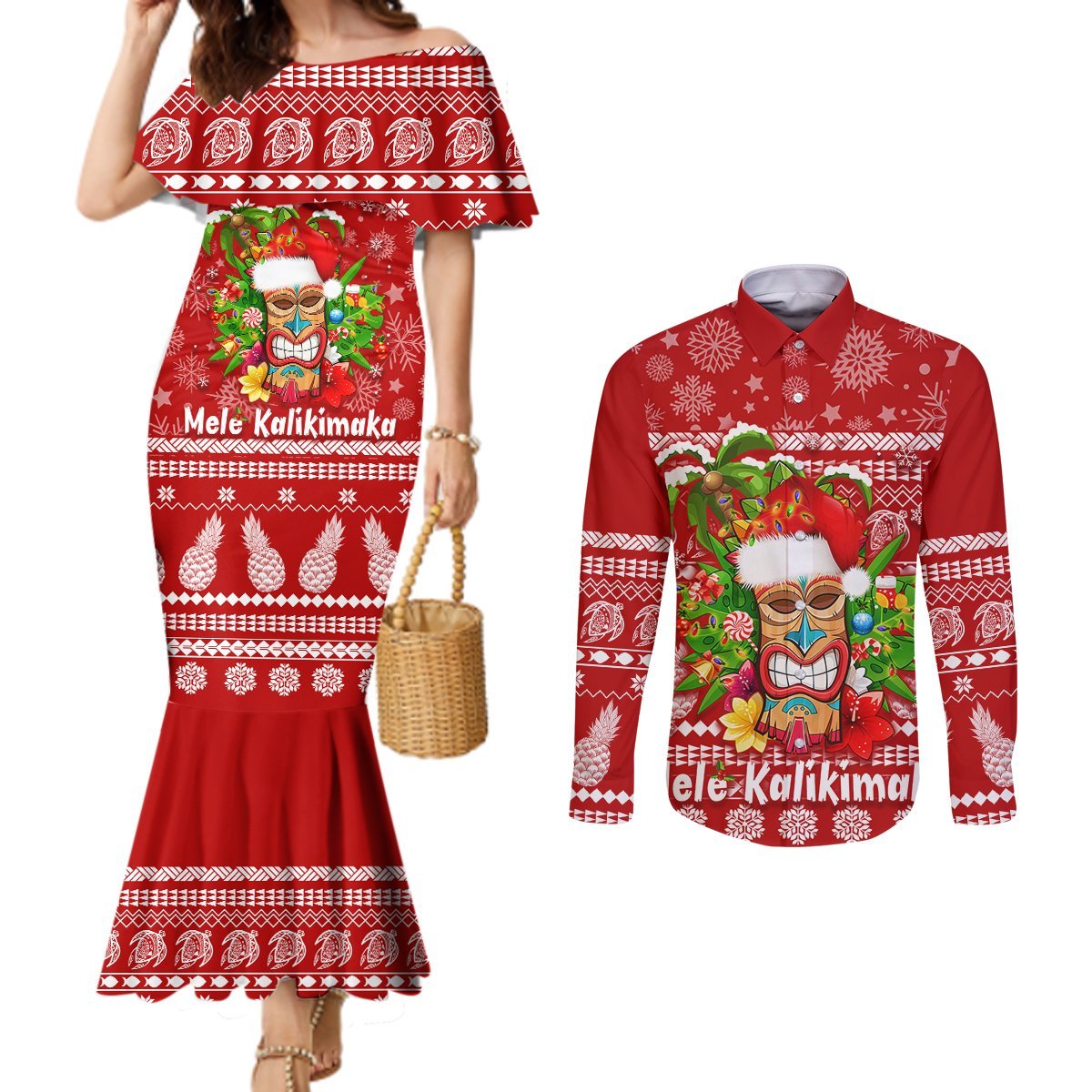 Hawaii Tiki Christmas Couples Matching Mermaid Dress and Long Sleeve Button Shirt Mele Kalikimaka LT7 Red - Polynesian Pride