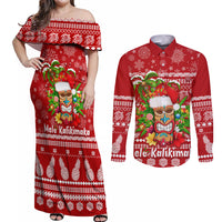 Hawaii Tiki Christmas Couples Matching Off Shoulder Maxi Dress and Long Sleeve Button Shirt Mele Kalikimaka LT7 Red - Polynesian Pride