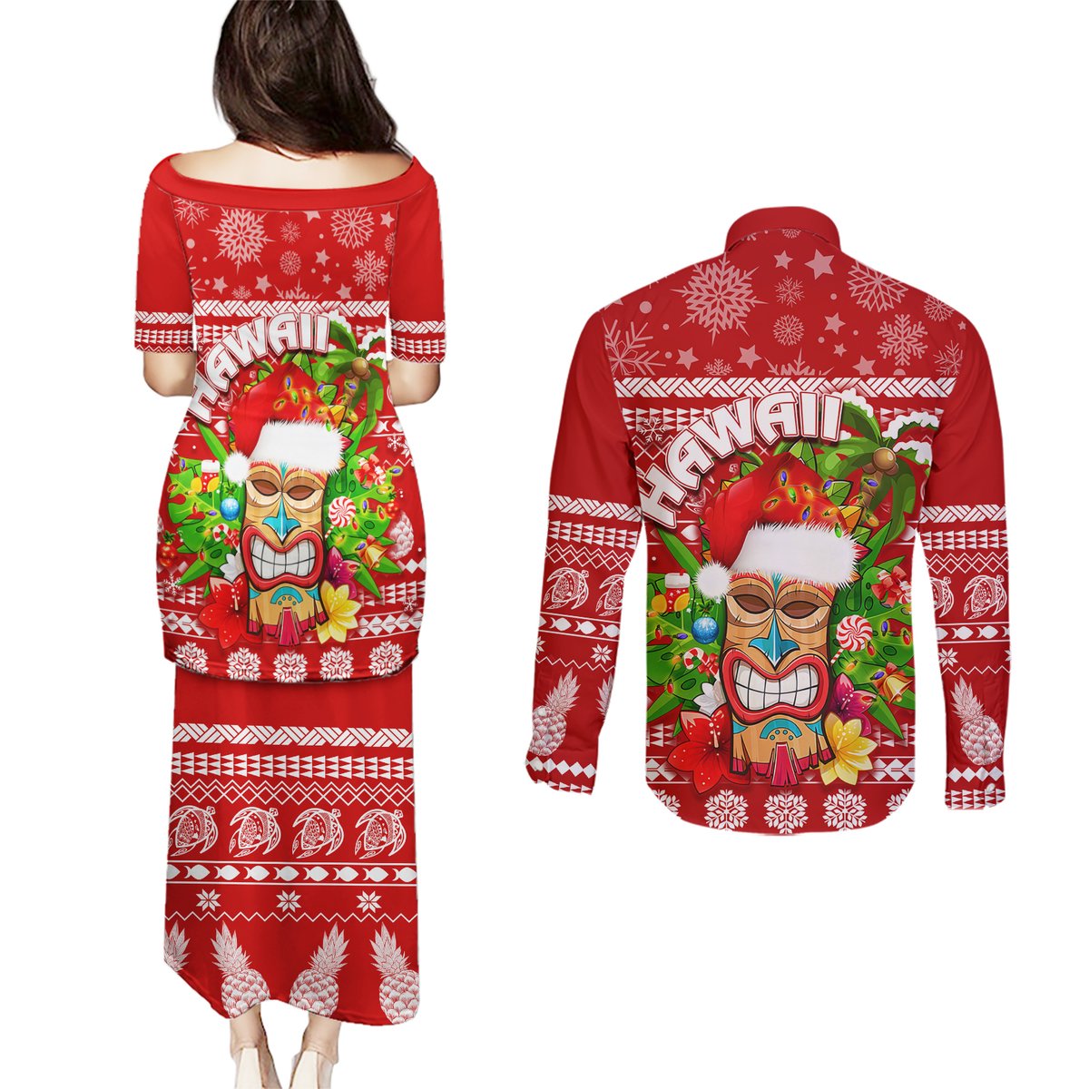 Hawaii Tiki Christmas Couples Matching Puletasi Dress and Long Sleeve Button Shirt Mele Kalikimaka LT7 - Polynesian Pride