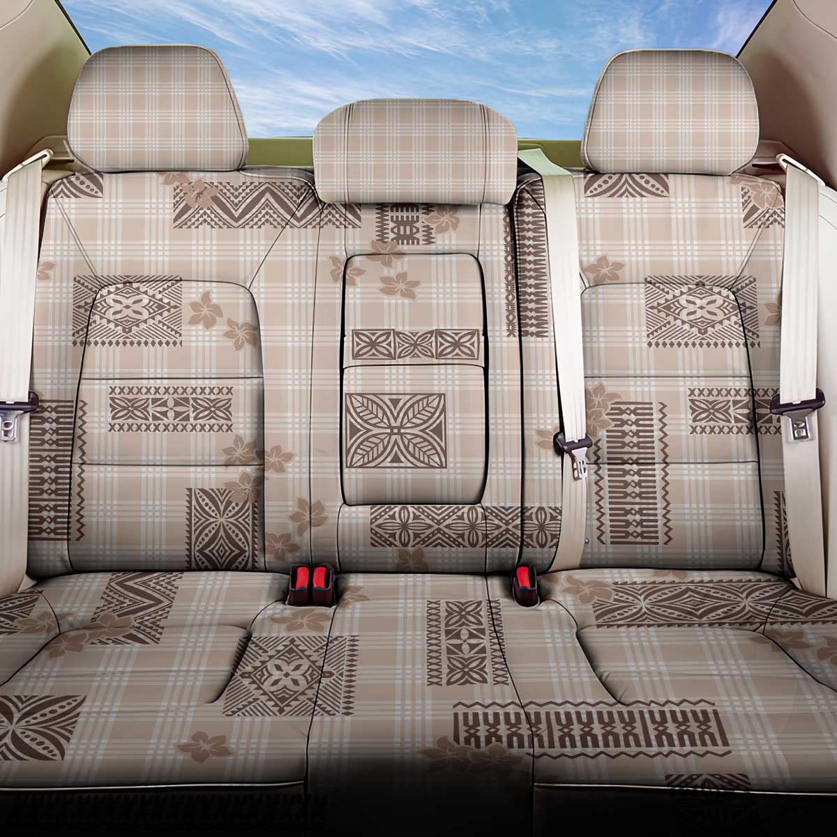 Hawaiian Quilt Tapa On Beige Palaka Motifs Back Car Seat Cover