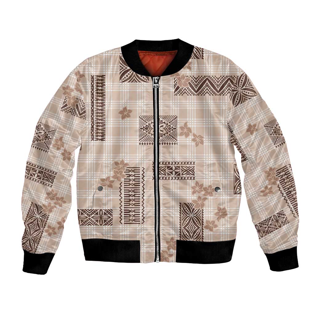 Hawaiian Quilt Tapa On Beige Palaka Motifs Bomber Jacket