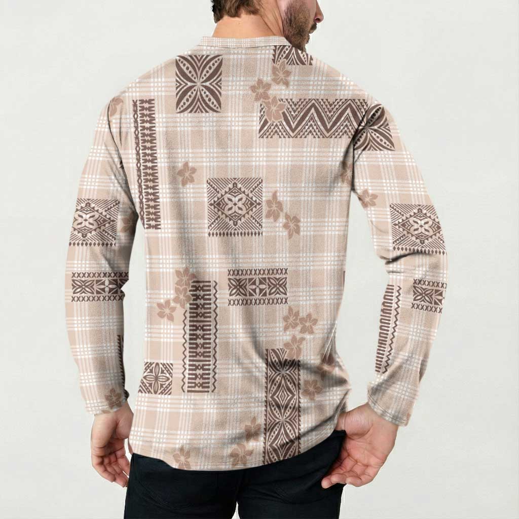 Hawaiian Quilt Tapa On Beige Palaka Motifs Button Sweatshirt