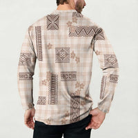 Hawaiian Quilt Tapa On Beige Palaka Motifs Button Sweatshirt