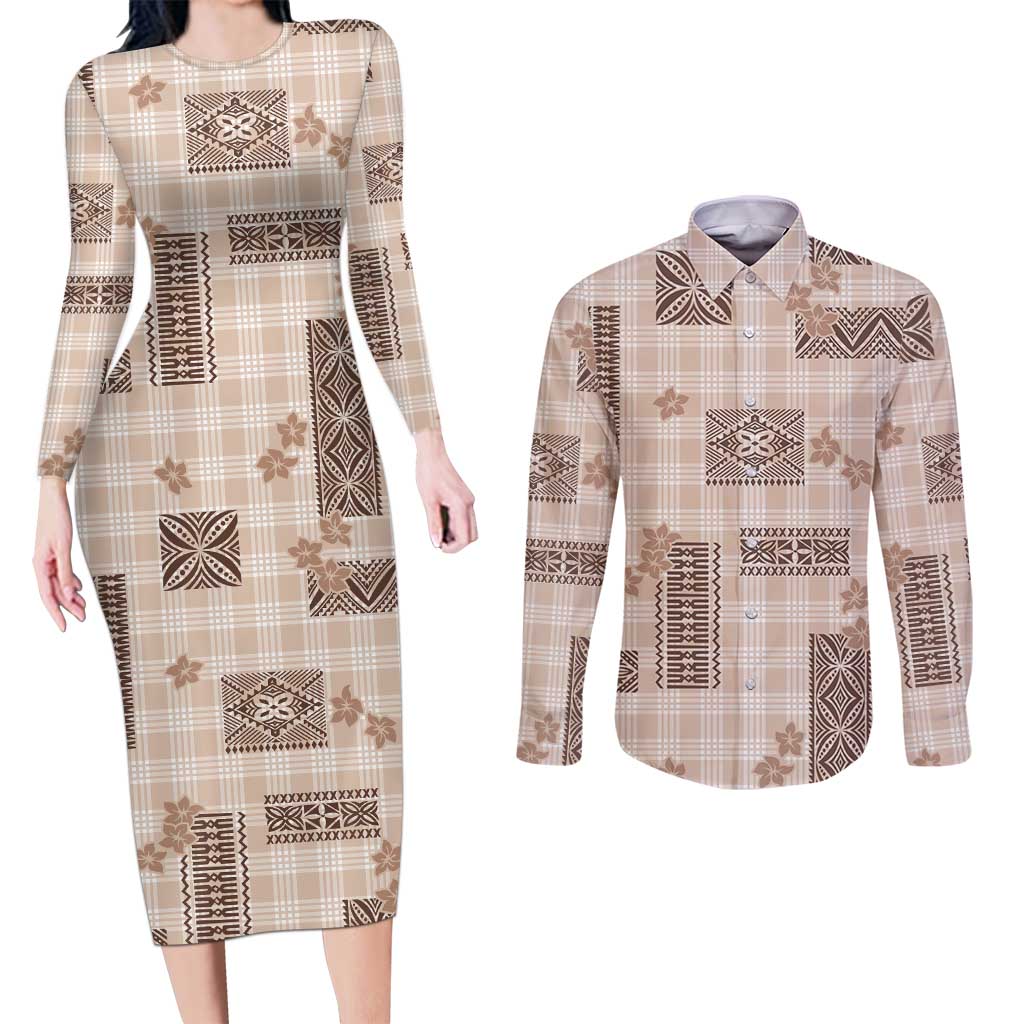 Hawaiian Quilt Tapa On Beige Palaka Motifs Couples Matching Long Sleeve Bodycon Dress and Long Sleeve Button Shirt