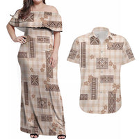 Hawaiian Quilt Tapa On Beige Palaka Motifs Couples Matching Off Shoulder Maxi Dress and Hawaiian Shirt
