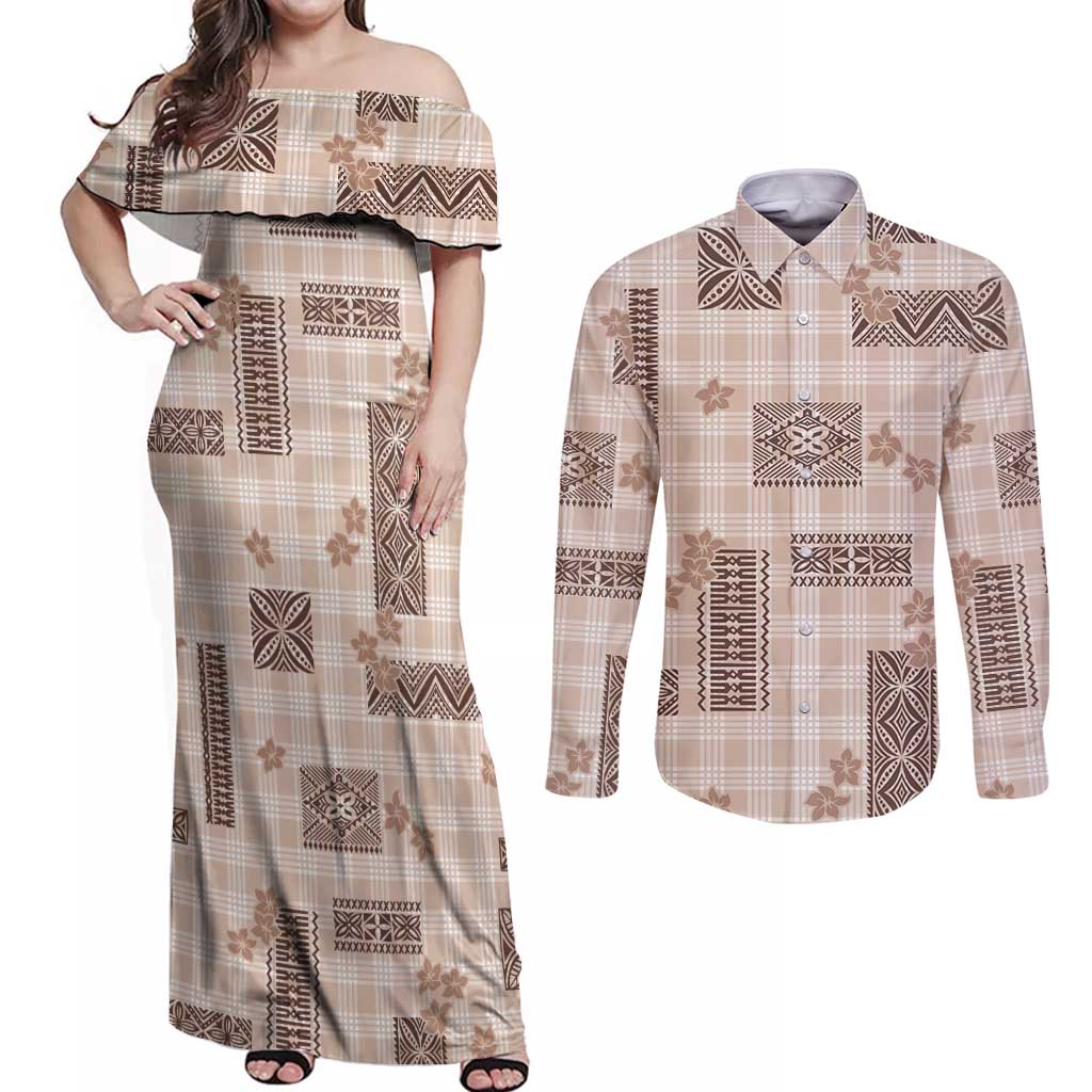 Hawaiian Quilt Tapa On Beige Palaka Motifs Couples Matching Off Shoulder Maxi Dress and Long Sleeve Button Shirt