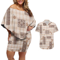 Hawaiian Quilt Tapa On Beige Palaka Motifs Couples Matching Off Shoulder Short Dress and Hawaiian Shirt