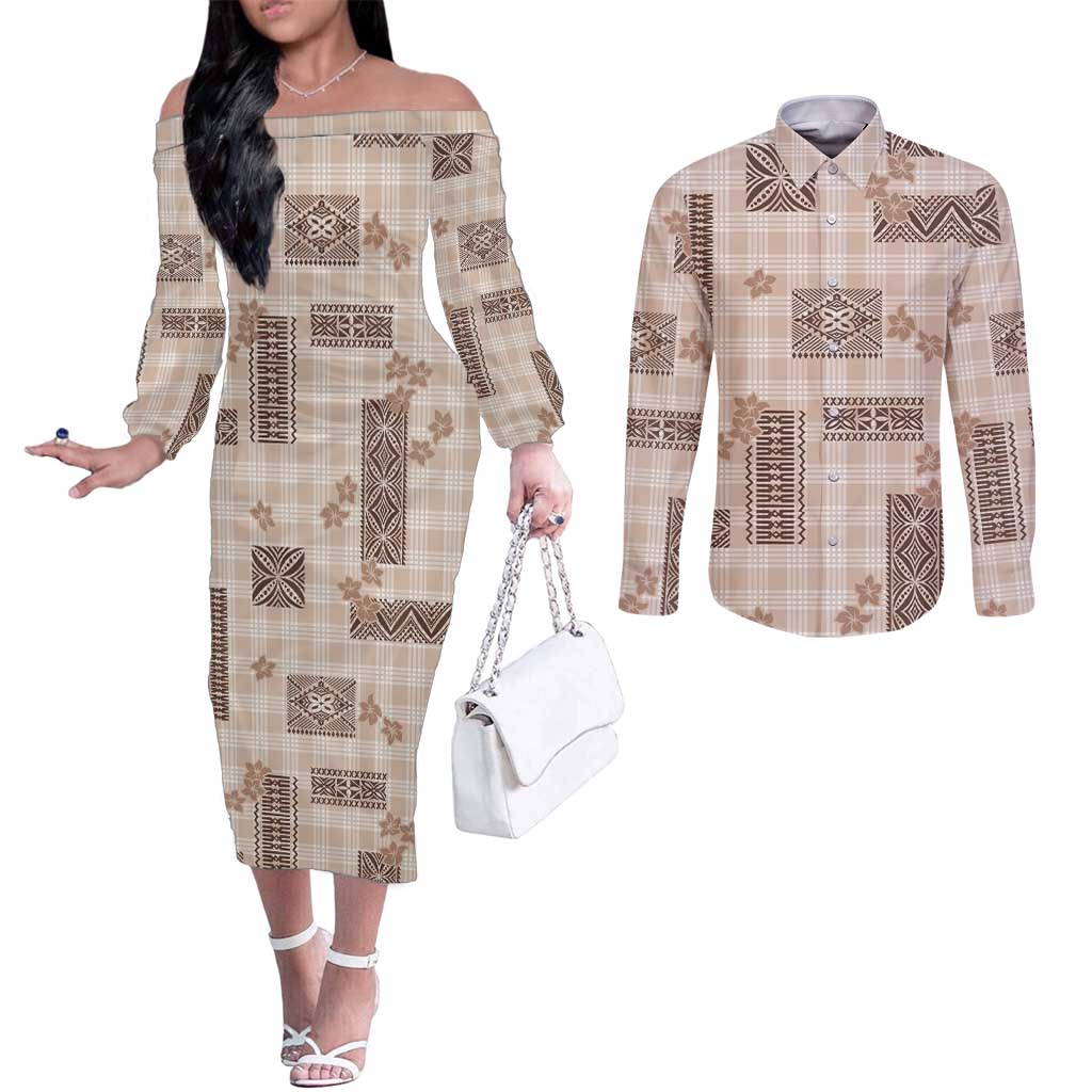 Hawaiian Quilt Tapa On Beige Palaka Motifs Couples Matching Off The Shoulder Long Sleeve Dress and Long Sleeve Button Shirt