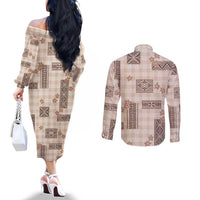 Hawaiian Quilt Tapa On Beige Palaka Motifs Couples Matching Off The Shoulder Long Sleeve Dress and Long Sleeve Button Shirt