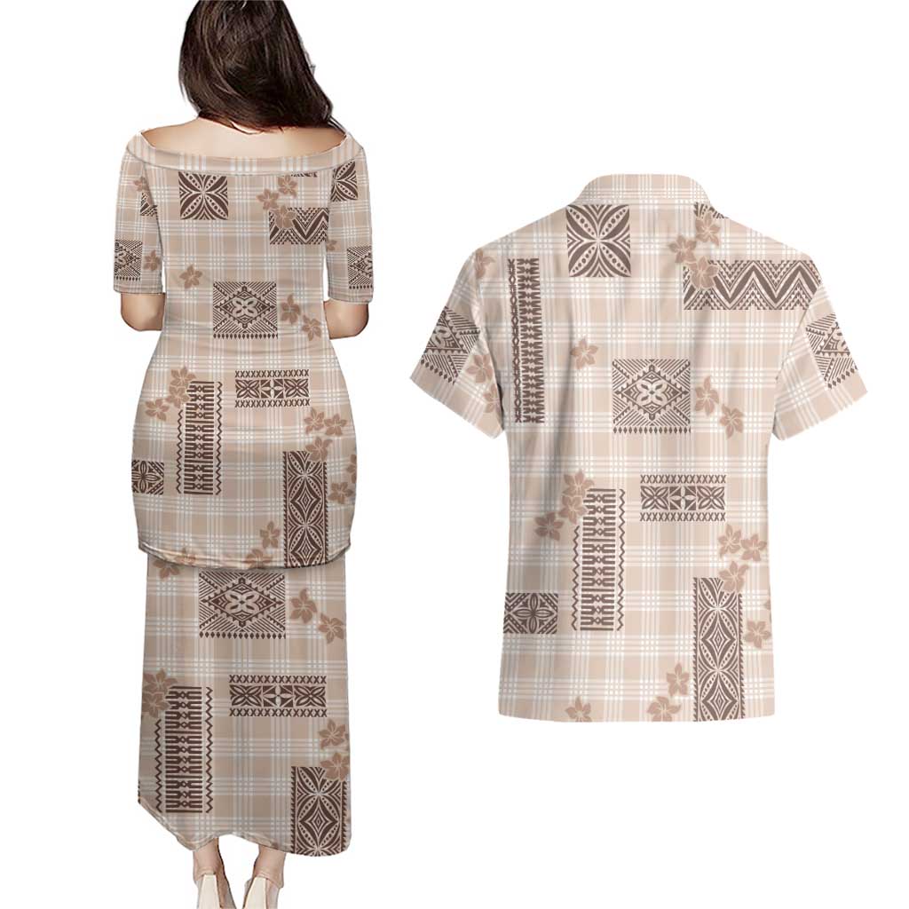 Hawaiian Quilt Tapa On Beige Palaka Motifs Couples Matching Puletasi and Hawaiian Shirt
