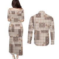 Hawaiian Quilt Tapa On Beige Palaka Motifs Couples Matching Puletasi and Long Sleeve Button Shirt