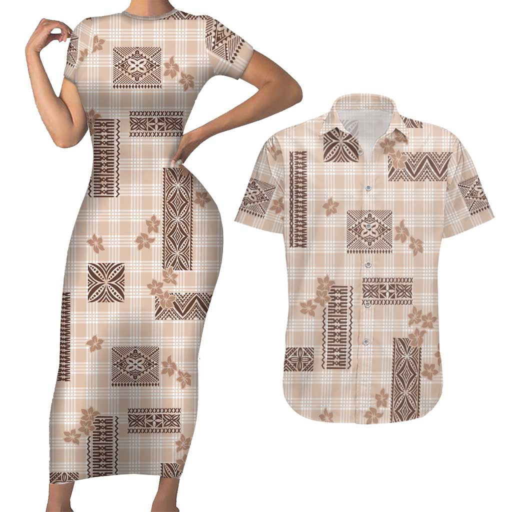 Hawaiian Quilt Tapa On Beige Palaka Motifs Couples Matching Short Sleeve Bodycon Dress and Hawaiian Shirt