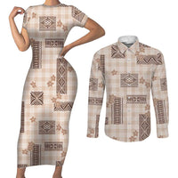 Hawaiian Quilt Tapa On Beige Palaka Motifs Couples Matching Short Sleeve Bodycon Dress and Long Sleeve Button Shirt