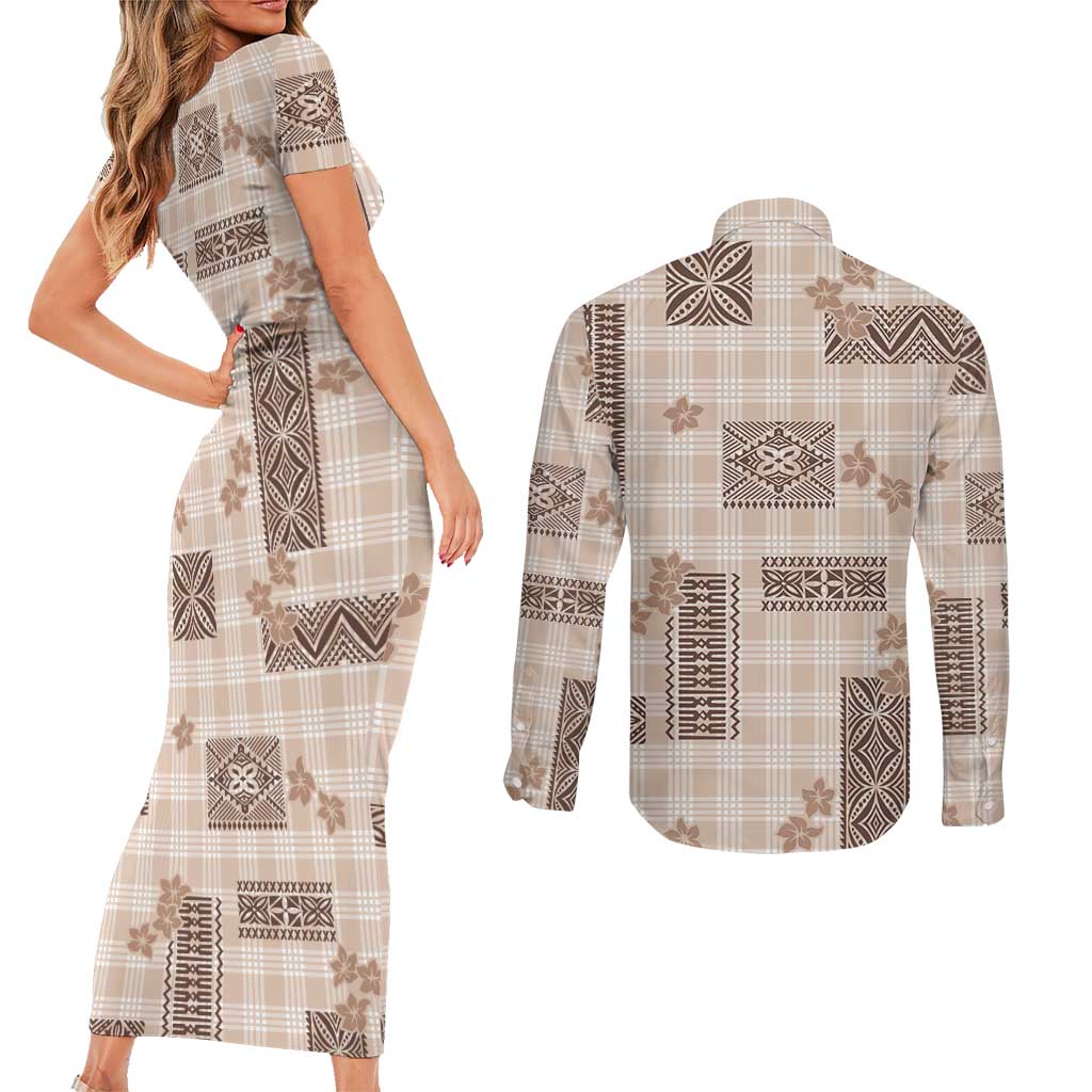 Hawaiian Quilt Tapa On Beige Palaka Motifs Couples Matching Short Sleeve Bodycon Dress and Long Sleeve Button Shirt