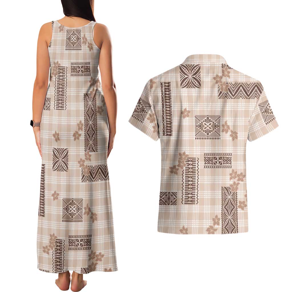 Hawaiian Quilt Tapa On Beige Palaka Motifs Couples Matching Tank Maxi Dress and Hawaiian Shirt