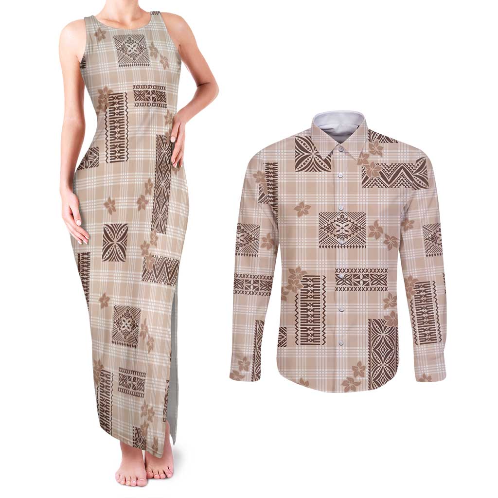 Hawaiian Quilt Tapa On Beige Palaka Motifs Couples Matching Tank Maxi Dress and Long Sleeve Button Shirt