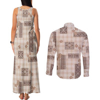 Hawaiian Quilt Tapa On Beige Palaka Motifs Couples Matching Tank Maxi Dress and Long Sleeve Button Shirt