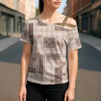 Hawaiian Quilt Tapa On Beige Palaka Motifs Cross Shoulder Shirt