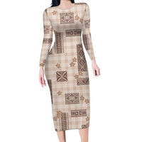 Hawaiian Quilt Tapa On Beige Palaka Motifs Family Matching Long Sleeve Bodycon Dress and Hawaiian Shirt