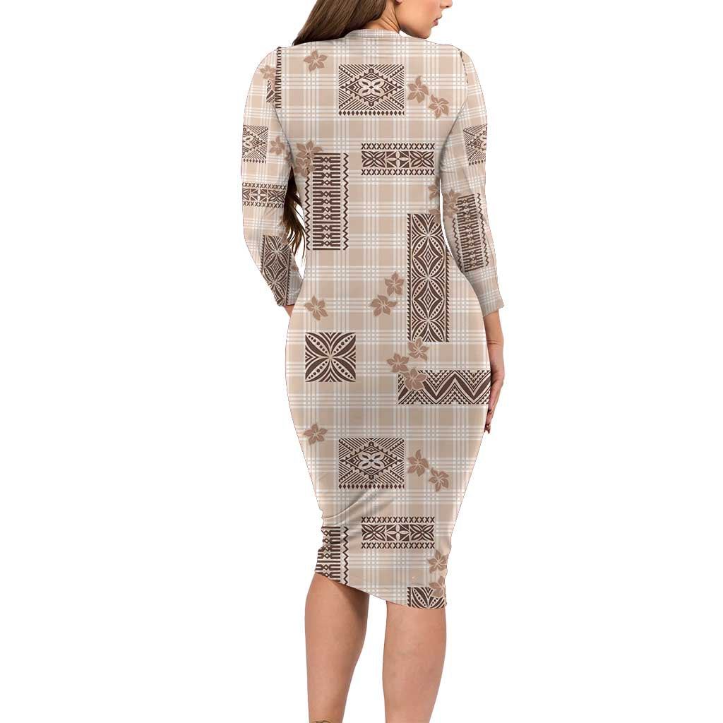 Hawaiian Quilt Tapa On Beige Palaka Motifs Family Matching Long Sleeve Bodycon Dress and Hawaiian Shirt