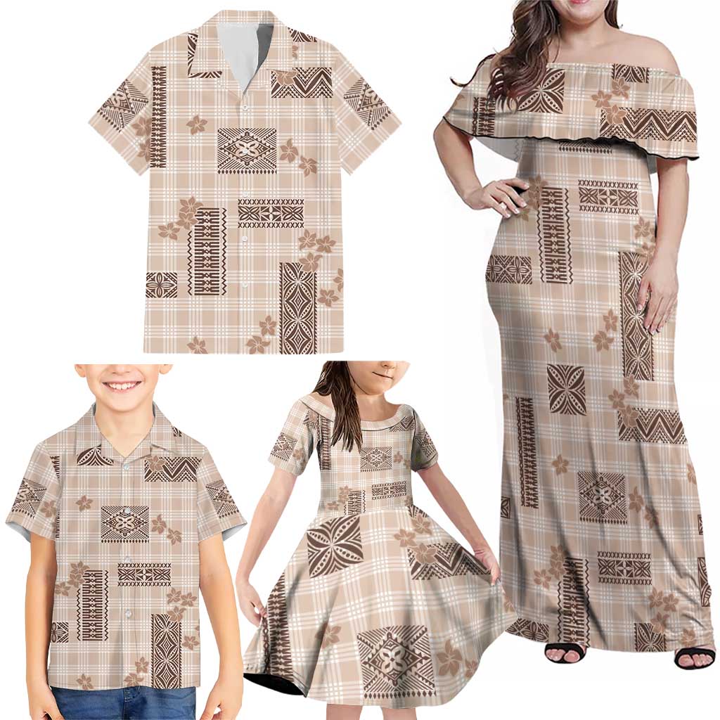 Hawaiian Quilt Tapa On Beige Palaka Motifs Family Matching Off Shoulder Maxi Dress and Hawaiian Shirt