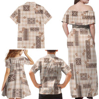 Hawaiian Quilt Tapa On Beige Palaka Motifs Family Matching Off Shoulder Maxi Dress and Hawaiian Shirt