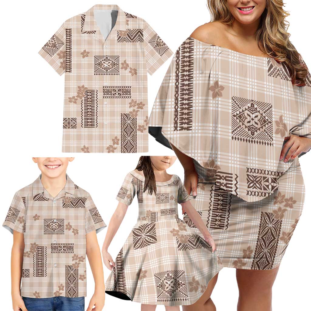 Hawaiian Quilt Tapa On Beige Palaka Motifs Family Matching Off Shoulder Short Dress and Hawaiian Shirt