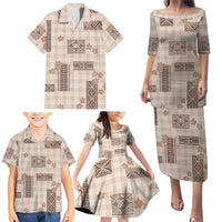 Hawaiian Quilt Tapa On Beige Palaka Motifs Family Matching Puletasi and Hawaiian Shirt