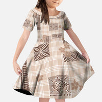 Hawaiian Quilt Tapa On Beige Palaka Motifs Family Matching Short Sleeve Bodycon Dress and Hawaiian Shirt LT7 Daughter's Dress Beige - Polynesian Pride