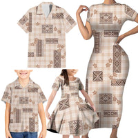 Hawaiian Quilt Tapa On Beige Palaka Motifs Family Matching Short Sleeve Bodycon Dress and Hawaiian Shirt LT7 - Polynesian Pride