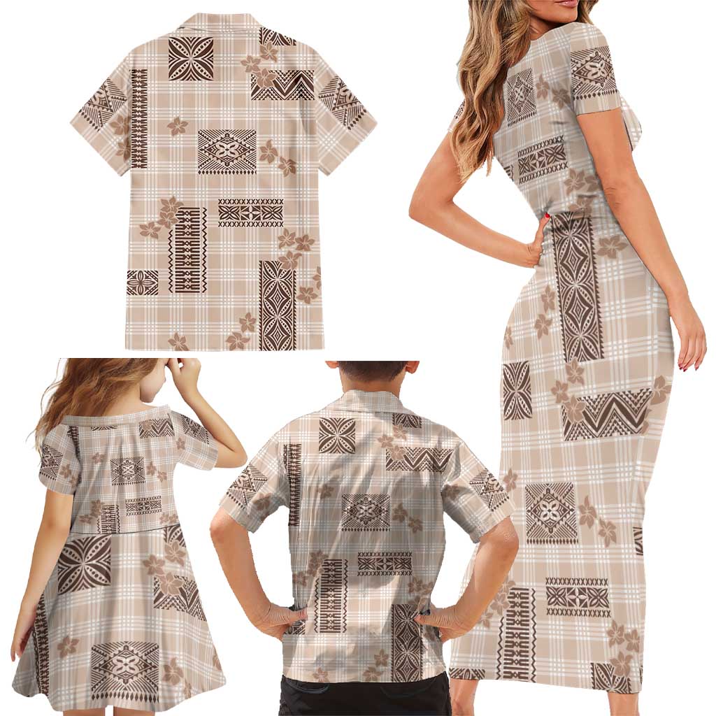 Hawaiian Quilt Tapa On Beige Palaka Motifs Family Matching Short Sleeve Bodycon Dress and Hawaiian Shirt LT7 - Polynesian Pride