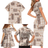 Hawaiian Quilt Tapa On Beige Palaka Motifs Family Matching Short Sleeve Bodycon Dress and Hawaiian Shirt LT7 - Polynesian Pride