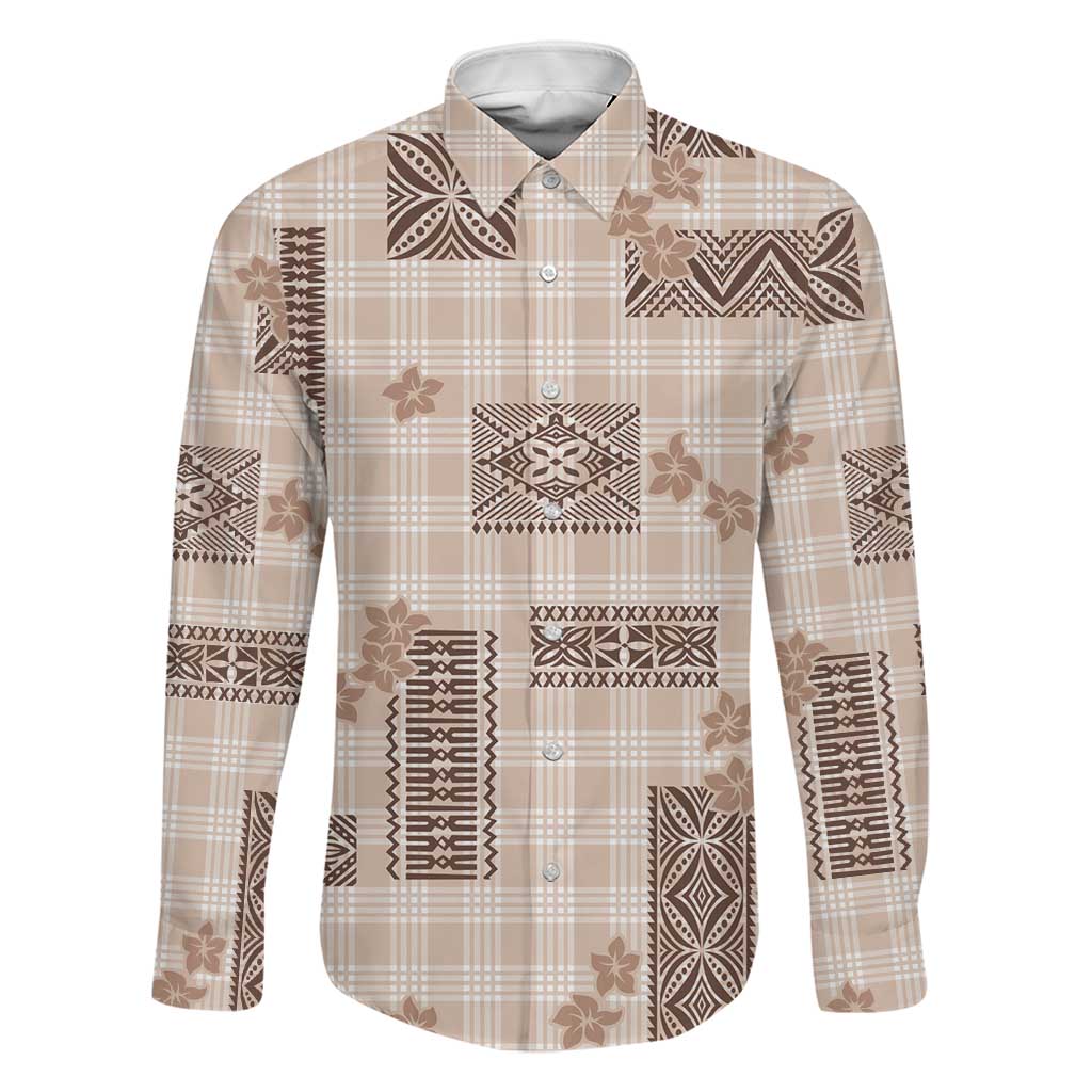 Hawaiian Quilt Tapa On Beige Palaka Motifs Family Matching Short Sleeve Bodycon Dress and Hawaiian Shirt LT7 Dad's Shirt - Long Sleeve Beige - Polynesian Pride
