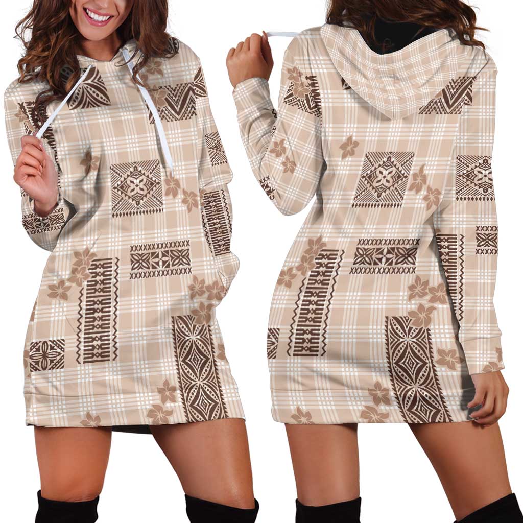 Hawaiian Quilt Tapa On Beige Palaka Motifs Hoodie Dress LT7 - Polynesian Pride