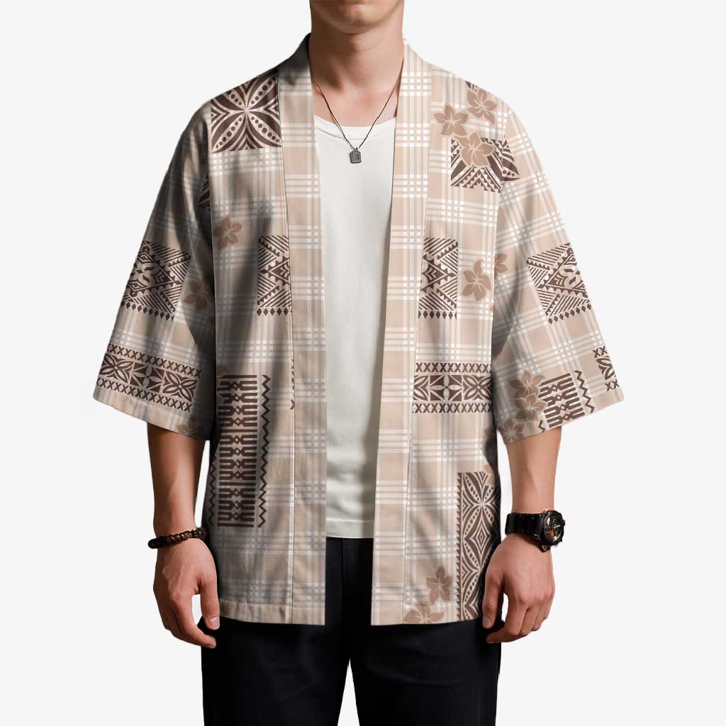 Hawaiian Quilt Tapa On Beige Palaka Motifs Kimono