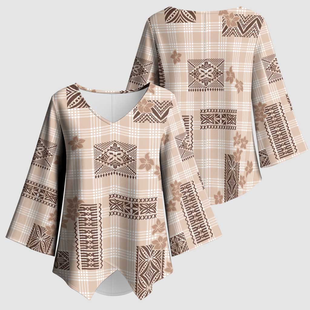 Hawaiian Quilt Tapa On Beige Palaka Motifs Kimono Sleeve Blouse