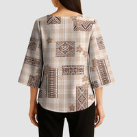 Hawaiian Quilt Tapa On Beige Palaka Motifs Kimono Sleeve Blouse