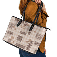 Hawaiian Quilt Tapa On Beige Palaka Motifs Leather Tote Bag