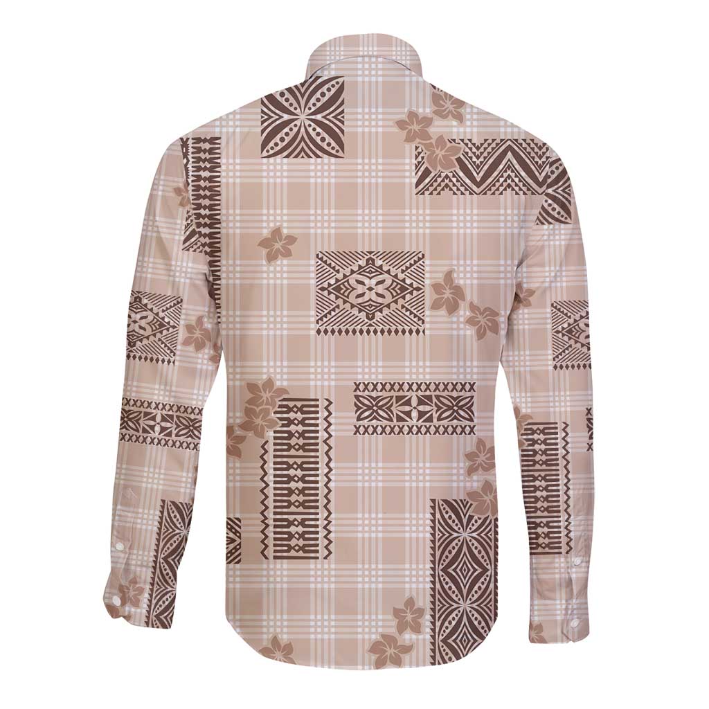 Hawaiian Quilt Tapa On Beige Palaka Motifs Long Sleeve Button Shirt
