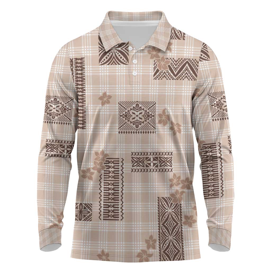 Hawaiian Quilt Tapa On Beige Palaka Motifs Long Sleeve Polo Shirt