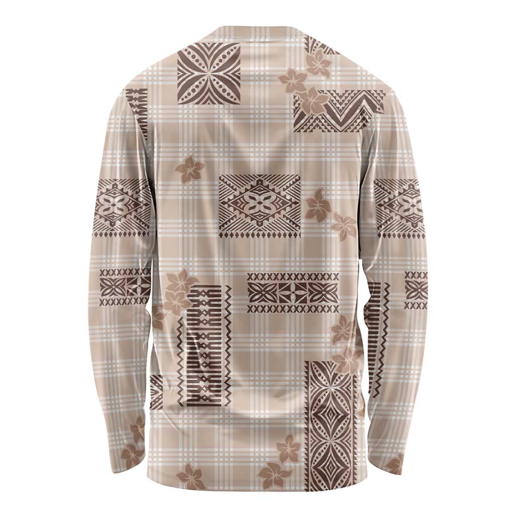 Hawaiian Quilt Tapa On Beige Palaka Motifs Long Sleeve Shirt
