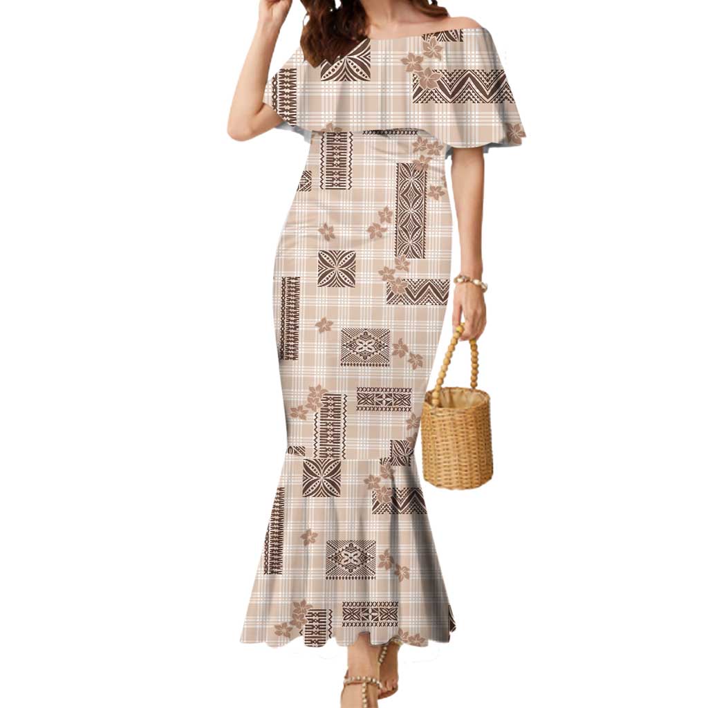 Hawaiian Quilt Tapa On Beige Palaka Motifs Mermaid Dress