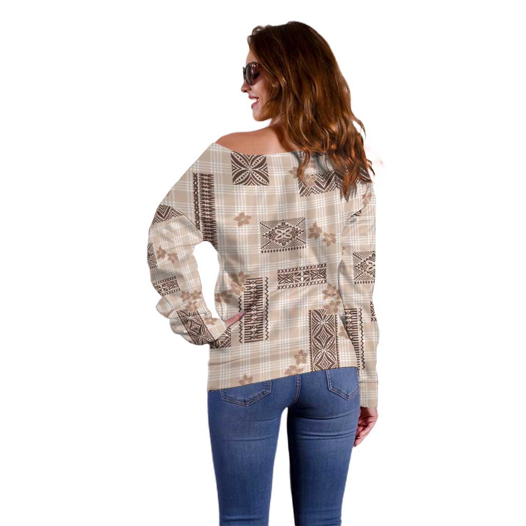 Hawaiian Quilt Tapa On Beige Palaka Motifs Off Shoulder Sweater LT7 - Polynesian Pride