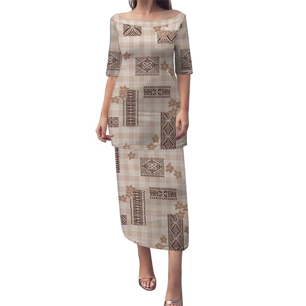 Hawaiian Quilt Tapa On Beige Palaka Motifs Puletasi LT7 Long Dress Beige - Polynesian Pride