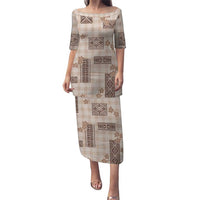 Hawaiian Quilt Tapa On Beige Palaka Motifs Puletasi LT7 Long Dress Beige - Polynesian Pride