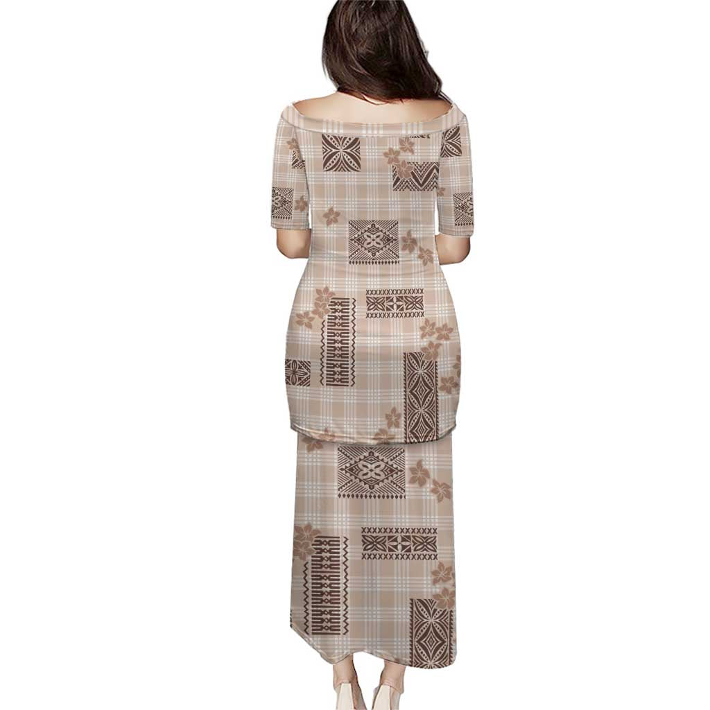 Hawaiian Quilt Tapa On Beige Palaka Motifs Puletasi LT7 - Polynesian Pride