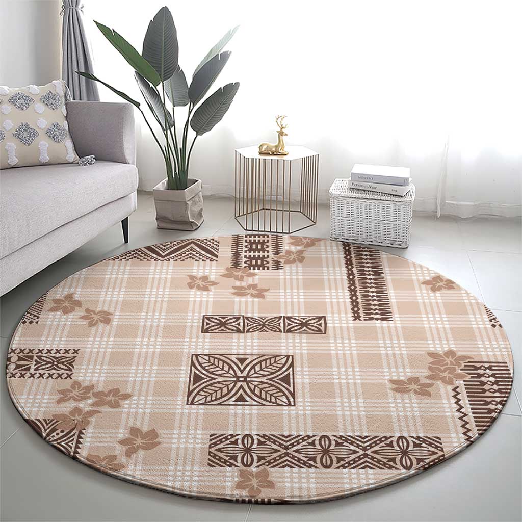 Hawaiian Quilt Tapa On Beige Palaka Motifs Round Carpet